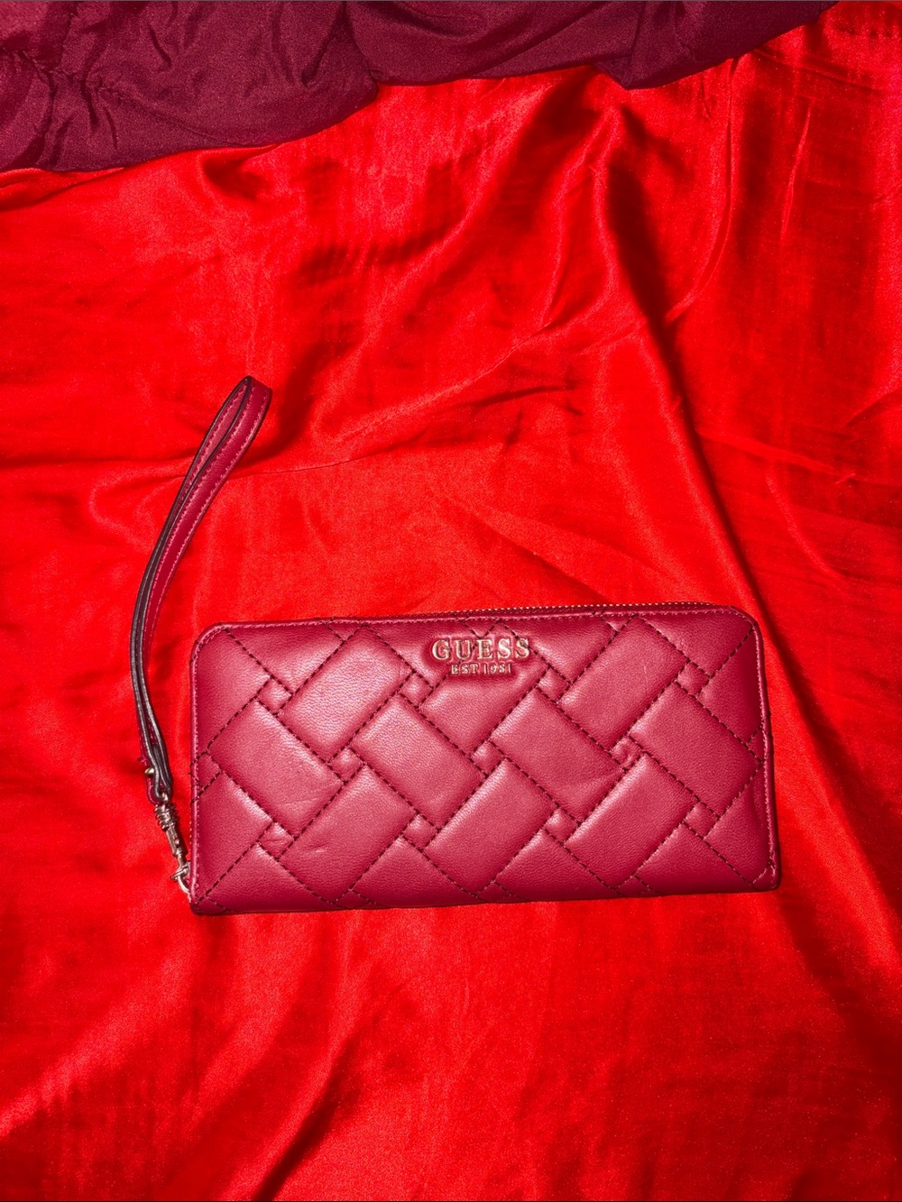 GUESS Quilted Wristlet Wallet in Burgundy Red